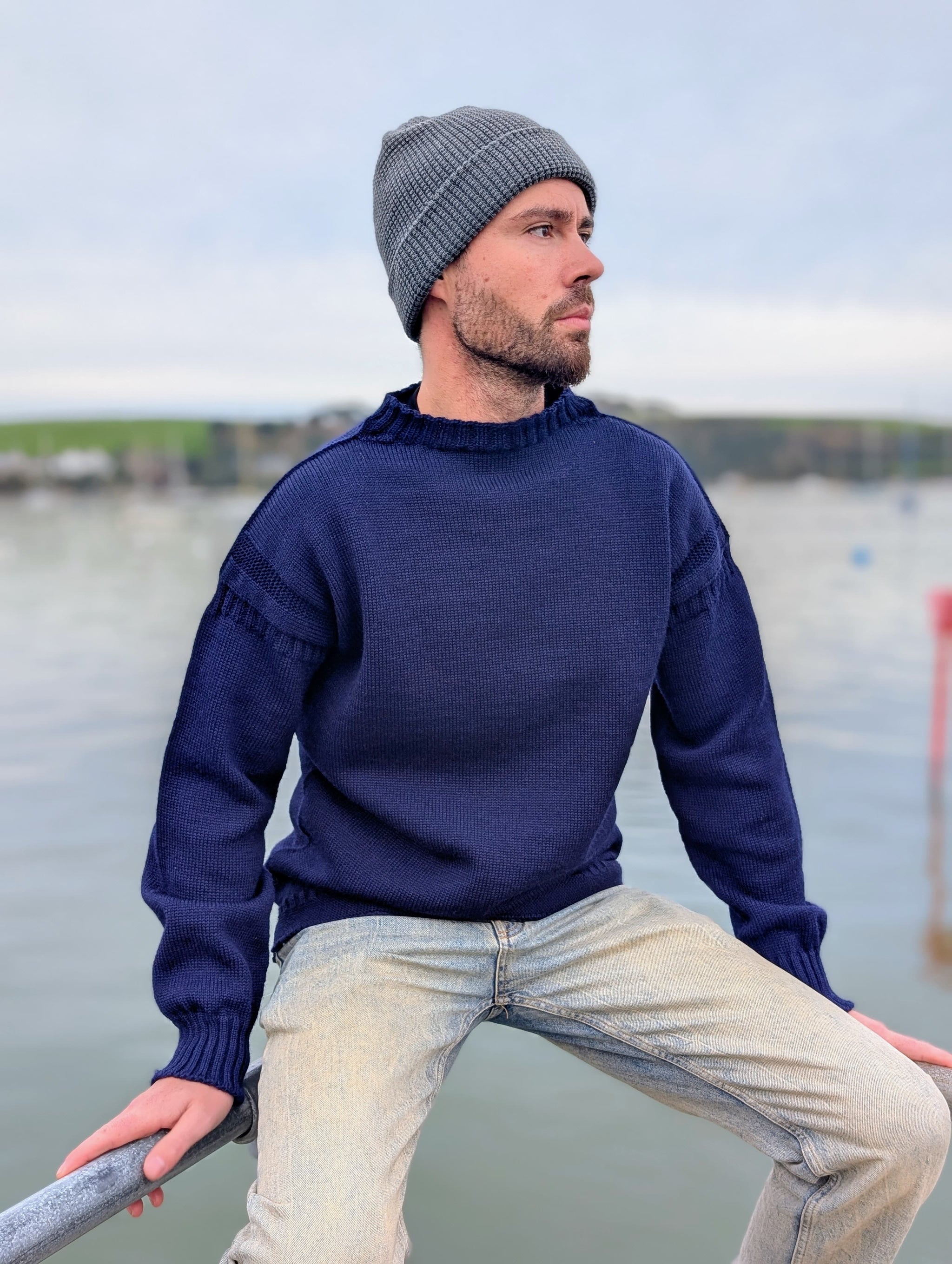 Fisherman Sweater Guernsey Wool Jumper SE28 NAVY BRITISH WOOL
